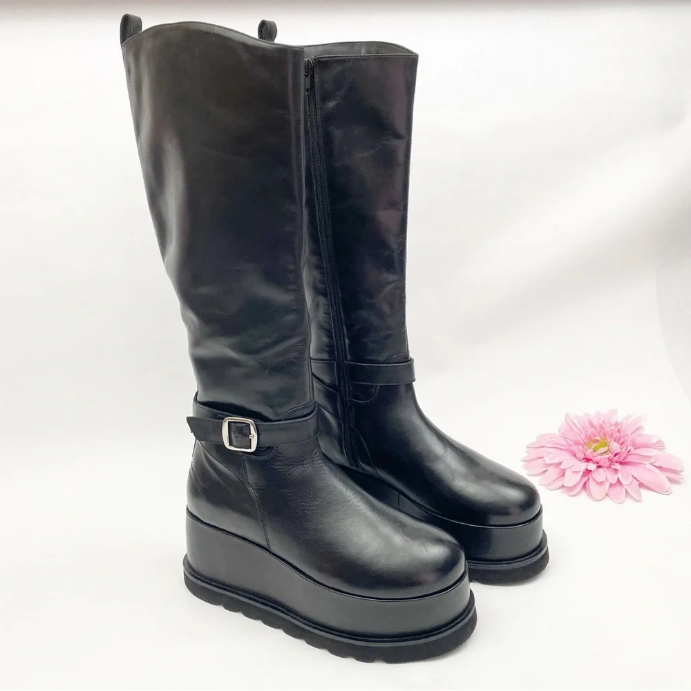 Free People Collection Not For Riding Platform Boots Tall Leather Buckle Black